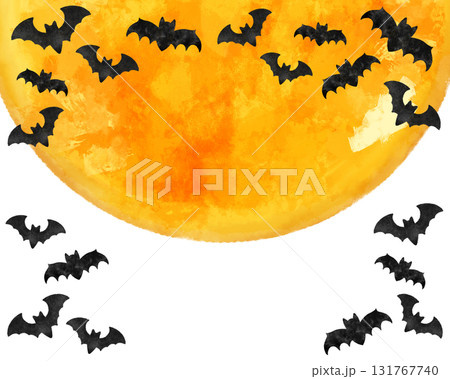 幻想的な満月とコウモリの水彩風フレーム素材｜ハロウィンカード・ポスター・秋の夜の背景デザイン 131767740