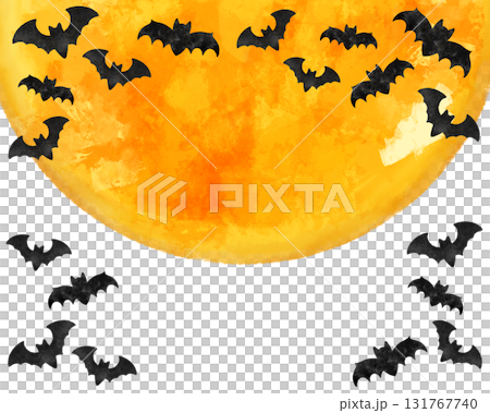 幻想的な満月とコウモリの水彩風フレーム素材｜ハロウィンカード・ポスター・秋の夜の背景デザイン 131767740