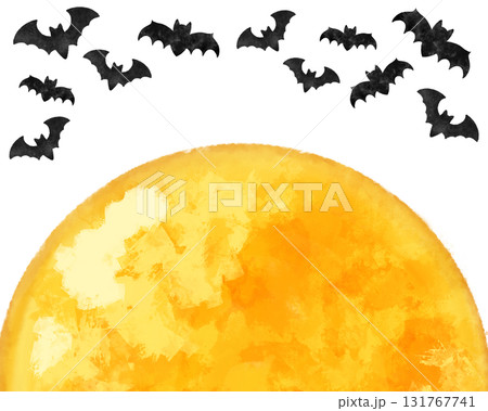 幻想的な満月とコウモリの水彩風フレーム素材｜ハロウィンカード・ポスター・秋の夜の背景デザイン 131767741