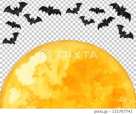 幻想的な満月とコウモリの水彩風フレーム素材｜ハロウィンカード・ポスター・秋の夜の背景デザイン 131767741