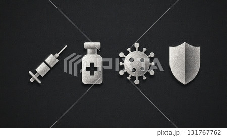 Vaccine Icons, Vial, Syringe, and Shield Protecting from Virus 131767762