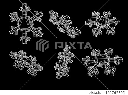 3D geometric snowflakes set, wireframe grid in white on black background for Christmas and winter festive decoration design 3D geometric snowflakes set, wireframe grid in white on black background for Christmas and winter festive decoration design 131767765