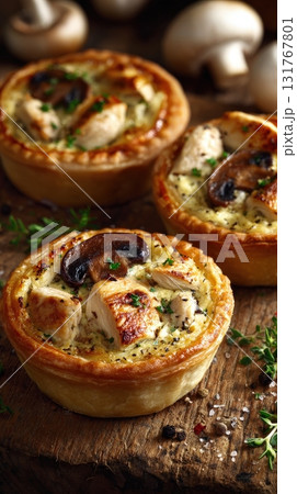Photorealistic Chicken and Mushroom Tartlets on White Plate, Elegant Food Photography Photorealistic Chicken and Mushroom Tartlets on White Plate, Elegant Food Photography 131767801