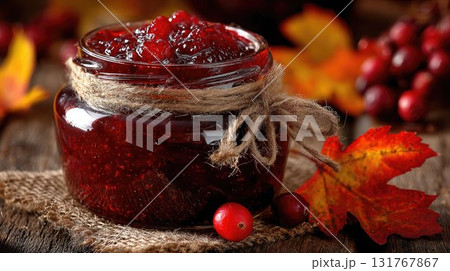 Glass jar of homemade cranberry jam with twine decoration, surrounded by autumn leaves and berries, evoking cozy fall and Thanksgiving vibes 131767867