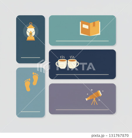 vector set of cozy winter icons including lantern, book, coffee mugs, footprints, and telescope. Calm pastel color palette, perfect for seasonal illustrations, hygge lifestyle. Vector illustration 131767870