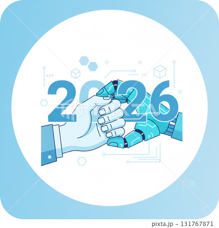 Vector illustration of human and robotic hands shaking with number 2026, symbolizing technology partnership, AI collaboration, and digital future. Vector illustration 131767871
