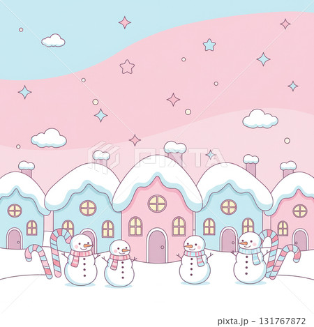 Cute pastel winter scene with snowmen, candy canes, and snowy houses under pink and blue sky, cozy Christmas and holiday background illustration. Vector illustration 131767872