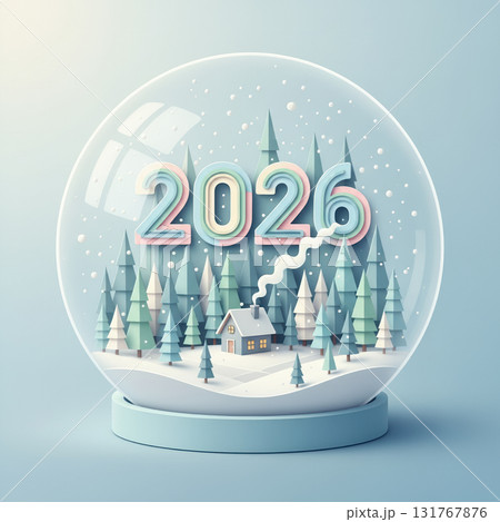 Festive snow globe with winter forest, cozy cabin, and colorful 2026 numbers, charming paper craft style Christmas and New Year decoration concept. Vector illustration 131767876