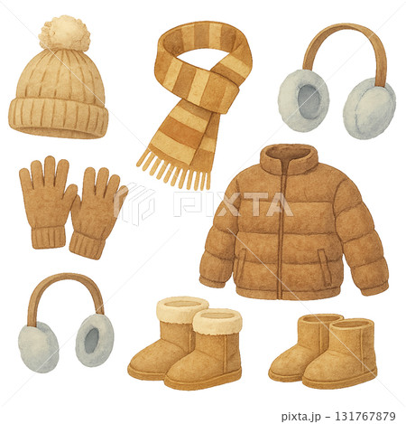 冬のあったか小物セット｜キャメル×シンプル｜水彩フェルト風｜保育・学習・POP 131767879