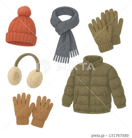 冬の防寒アイテム｜オリーブ×グレーの落ち着き配色｜水彩テクスチャ 131767880