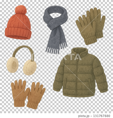 冬の防寒アイテム｜オリーブ×グレーの落ち着き配色｜水彩テクスチャ 131767880