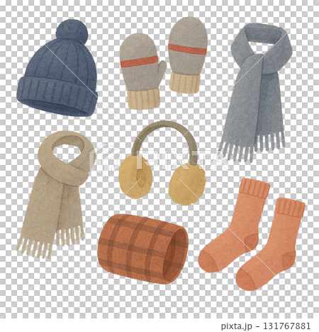 各種冬季配件 | 海軍藍和橙色點綴 | 柔和的水彩畫 131767881