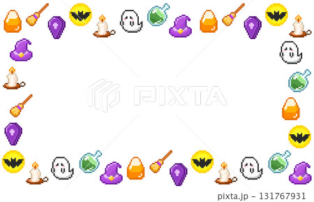 ハロウィン向けドット絵フレーム素材・ゲーム風ハロウィン背景 131767931