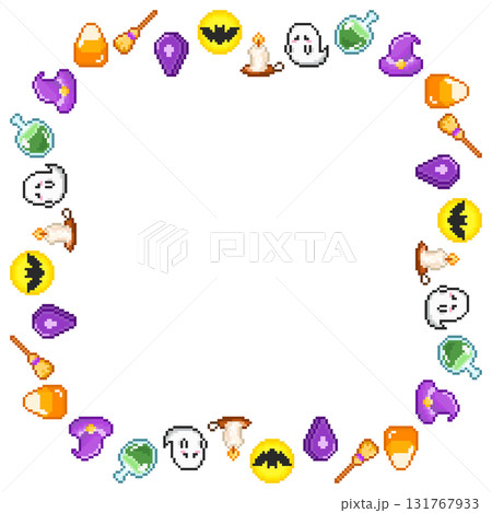 ハロウィン向けドット絵正方形フレーム素材・ゲーム風ハロウィン背景 131767933