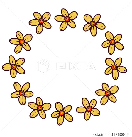 A wreath of yellow flowers hand-drawn in vector. Vector illustration is suitable for printing on fabric, paper, for invitations, wedding invitations, cards. Vector illustration A wreath of yellow flowers hand-drawn in vector. Vector illustration is suitable for printing on fabric, paper, for invitations, wedding invitations, cards. Vector illustration 131768005