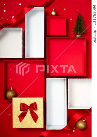 Vertical festive display with gift boxes, ribbon and bow, ideal for banners, social media and holiday sale. Vertical festive display with gift boxes, ribbon and bow, ideal for banners, social media and holiday sale. 131768094