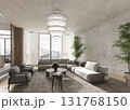 Modern living room with mountain view and layered pendant 131768150