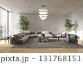 Bright minimalist living room with mountain view 131768151