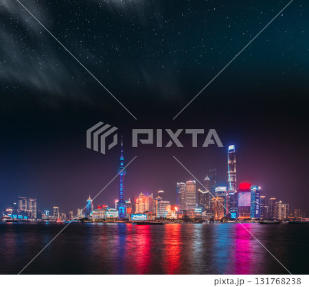Vivid Nightscape of Shanghai City Illuminated by Lights 131768238