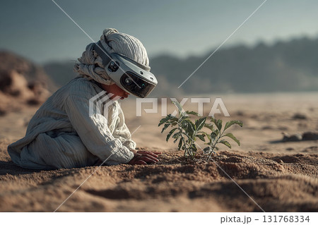 A concept for saving the Earth and carbon emissions. A child wearing virtual reality goggles saves a tree sapling in the middle of the desert. 131768334