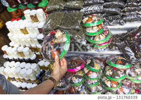 Shot of the different types of tea, spices on the farmers shop stall 131768339