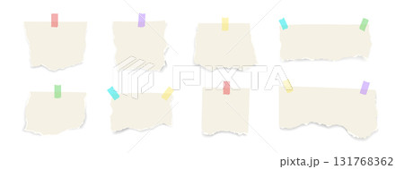 Paper notes with adhesive tape. Vector template with blank sheets, sticky notes, and ripped paper pieces for stationery, reminders, or collage design. Paper notes with adhesive tape. Vector template with blank sheets, sticky notes, and ripped paper pieces for stationery, reminders, or collage design. 131768362