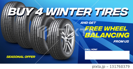 Car tires shop banner with discount offer, blue background. Euro flyer template for winter wheels sale promotion, sporty clean design, automotive service ad, layered and ready for printing 131768379