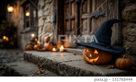 Cozy Halloween Scene with Glowing Jack-o’-Lantern Wearing Witch Hat on Rustic Doorstep 131768444