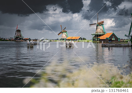 Scenic view of traditional Dutch windmills in Zaandam with changing skies, from calm daylight to approaching rain. 131768461