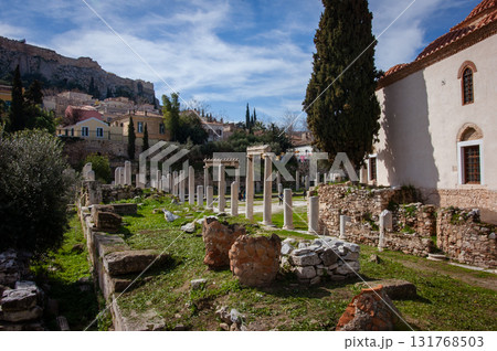 A view of the ruins at the Ancient Agora of Athens site, with the Temple of Hephaestus at the far side of the archeological site. High quality photo A view of the ruins at the Ancient Agora of Athens site, with the Temple of Hephaestus at the far side of the archeological site. High quality photo 131768503