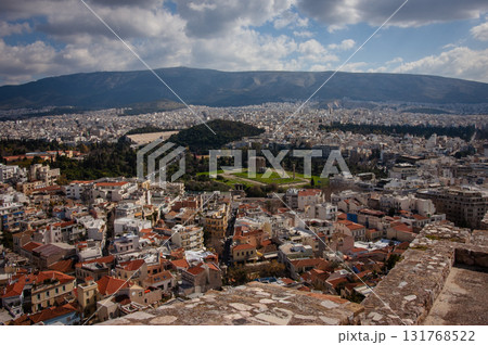 Aerial drone photo of iconic ruins of Temple of Olympian Zeus from the world famous Acropolis hill, Athens, Attica, Greece. High quality photo 131768522