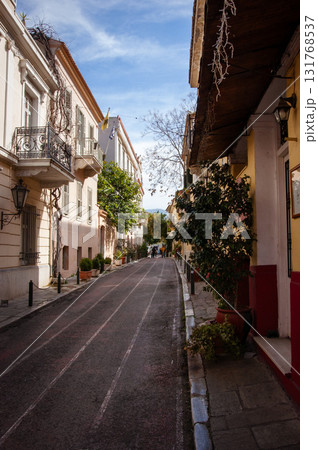 Plaka, Historical neighborhood in Athens, Greece. Residential Homes in a colorful street. Plaka, Historical neighborhood in Athens, Greece. Residential Homes in a colorful street. 131768537