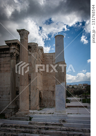 A view of the ruins at the Ancient Agora of Athens site, with the Temple of Hephaestus at the far side of the archeological site. High quality photo A view of the ruins at the Ancient Agora of Athens site, with the Temple of Hephaestus at the far side of the archeological site. High quality photo 131768544