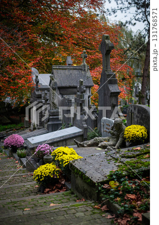 Ghent, Belgium - November 16 2024. Ancient cemetery tombs and grave stones on Campo Santo historical old graveyard in Sint-amandsberg municipality Ghent, Belgium - November 16 2024. Ancient cemetery tombs and grave stones on Campo Santo historical old graveyard in Sint-amandsberg municipality 131768571