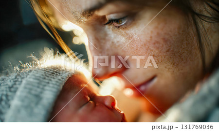 Tender close-up of a mother holding her newborn baby cheek to cheek Tender close-up of a mother holding her newborn baby cheek to cheek 131769036