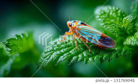 Vibrant green and orange leafhopper insect resting on a dew-covered leaf Vibrant green and orange leafhopper insect resting on a dew-covered leaf 131769048