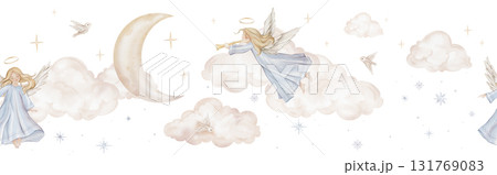 Horizontal seamless border with Christmas composition with angel trumpets nimbus among the clouds moon. Watercolor illustration Christian Nativity angel birds and stars for religious invitation. 131769083