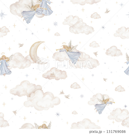 Seamless pattern with cute Christmas angel trumpets with light hair and blue dress. Hand drawn illustration repeat ornament with snowflakes children's design and beige birds among the clouds moon. 131769086