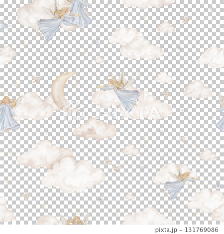 Seamless pattern with cute Christmas angel trumpets with light hair and blue dress. Hand drawn illustration repeat ornament with snowflakes children's design and beige birds among the clouds moon. 131769086
