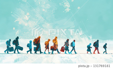 watercolor illustration, International Migrants Day, vintage postcard, horizontal banner, copy space, free space for text 131769181