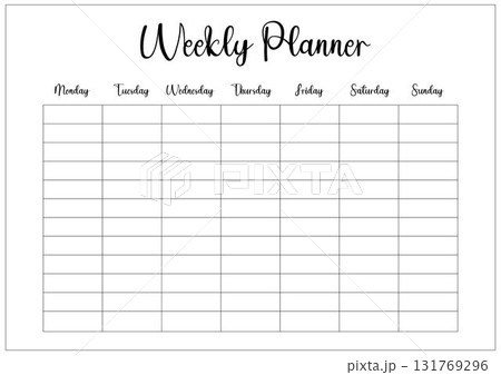 Weekly planner for organized production schedule, clean and simple task list document. Weekly planner for organized production schedule, clean and simple task list document. 131769296