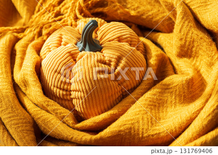 Corduroy Fabric Pumpkin on Cozy Blanket in Autumn Setting 131769406