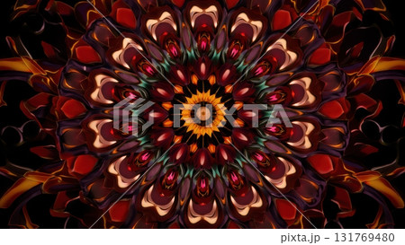 Mandala kaleidoscope pattern creating abstract floral art on black background 131769480