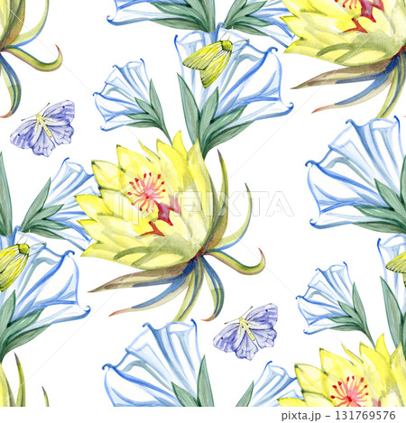 Watercolor vintage seamless pattern with night moon flowers, hand painted illustration Watercolor vintage seamless pattern with night moon flowers, hand painted illustration 131769576
