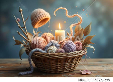 Warm wool yarn and glowing candle in wicker basket 131769669