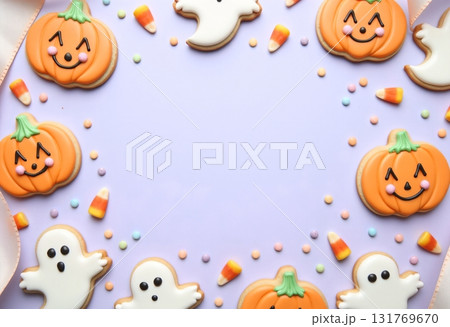 Halloween cookies with pumpkins ghosts candy and icing 131769670