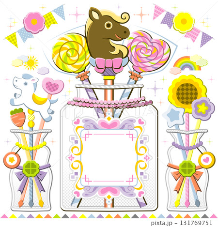 午年イラスト子供向けデザイン「かわいいロリポップキャンディー＆チョコレート」正方形コピースペース 131769751