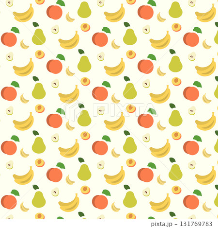 A vibrant pattern showcases various fruit icons including bananas, pears, and apples on a light background. This design is perfect for brightening kitchens or fruit-related projects. A vibrant pattern showcases various fruit icons including bananas, pears, and apples on a light background. This design is perfect for brightening kitchens or fruit-related projects. 131769783