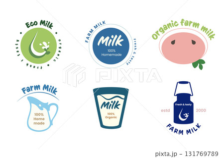 Infographics showcase environmental conservation messages related to milk branding. Logos highlight homemade and organic characteristics, emphasizing eco-friendly practices in dairy farming. 131769789