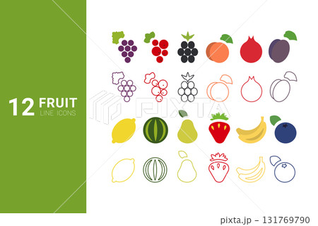 This collection showcases twelve unique line icons of fruits, including grapes, strawberries, and watermelons. The design features a blend of solid and outlined styles, creating a fresh look. 131769790